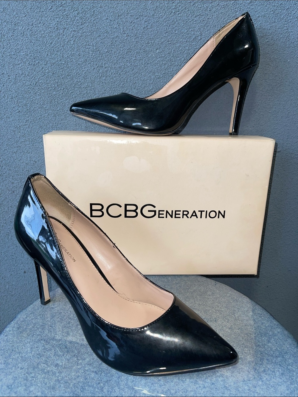 BCBGeneration Black Patent Pointed Toe Stiletto Pumps